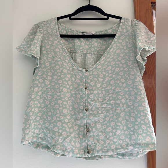 AE Green Floral Button Scoop Neck Short Sleeve Top - Picture 4 of 7
